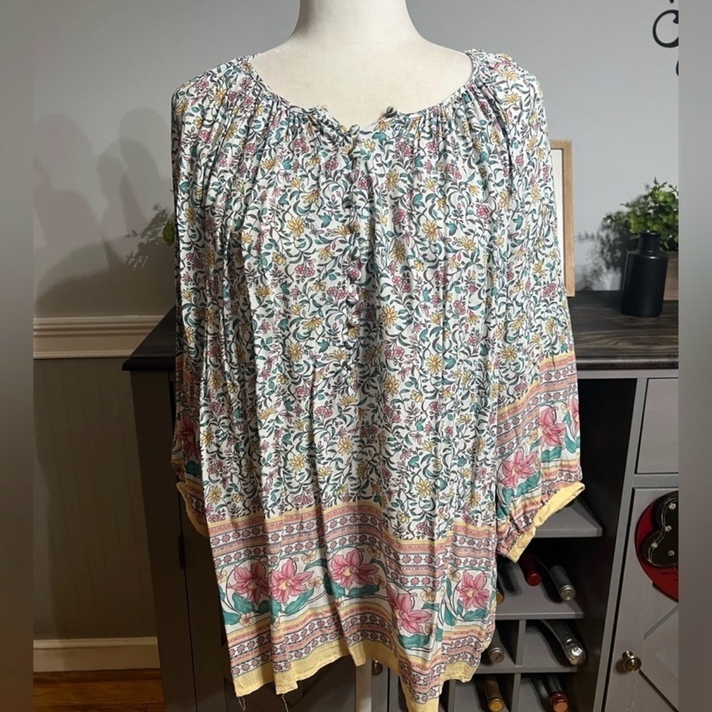 Adrianna Papell Floral Peasant Blouse in White, Pink, Yellow, Green